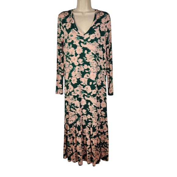 Saint + Sofia Dress Watercolor Midi Floral Green Pink Long Sleeve Stretch Knit 4 - Picture 6 of 13